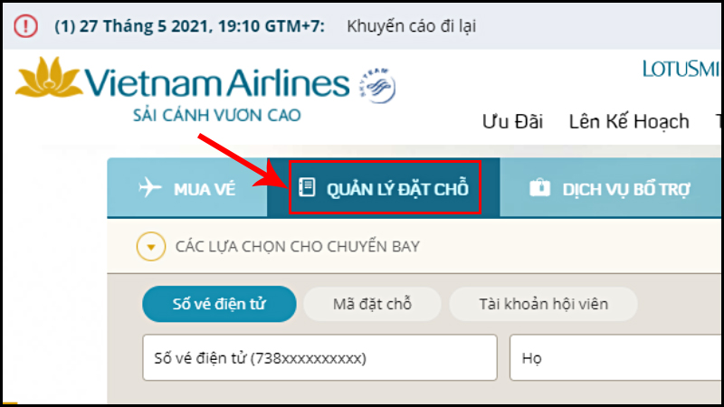 Chọn mục QUẢN LÝ ĐẶT CHỖ trên thanh menu